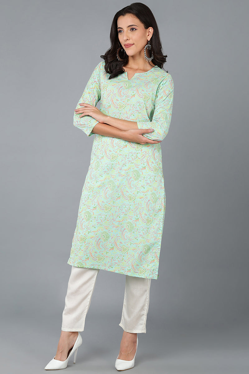 Turquoise Blue Cotton Printed Kurta | SHOBITAM