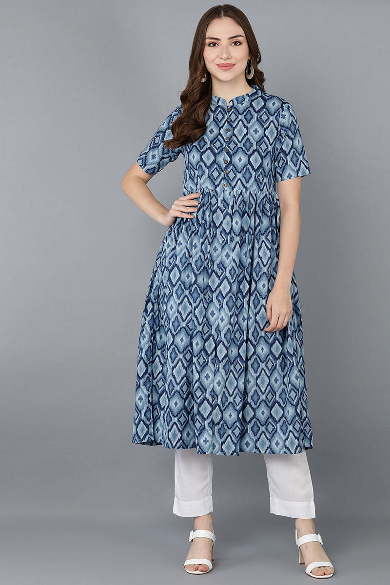 Women Blue Rayon Blend Geometric Printed | SHOBITAM