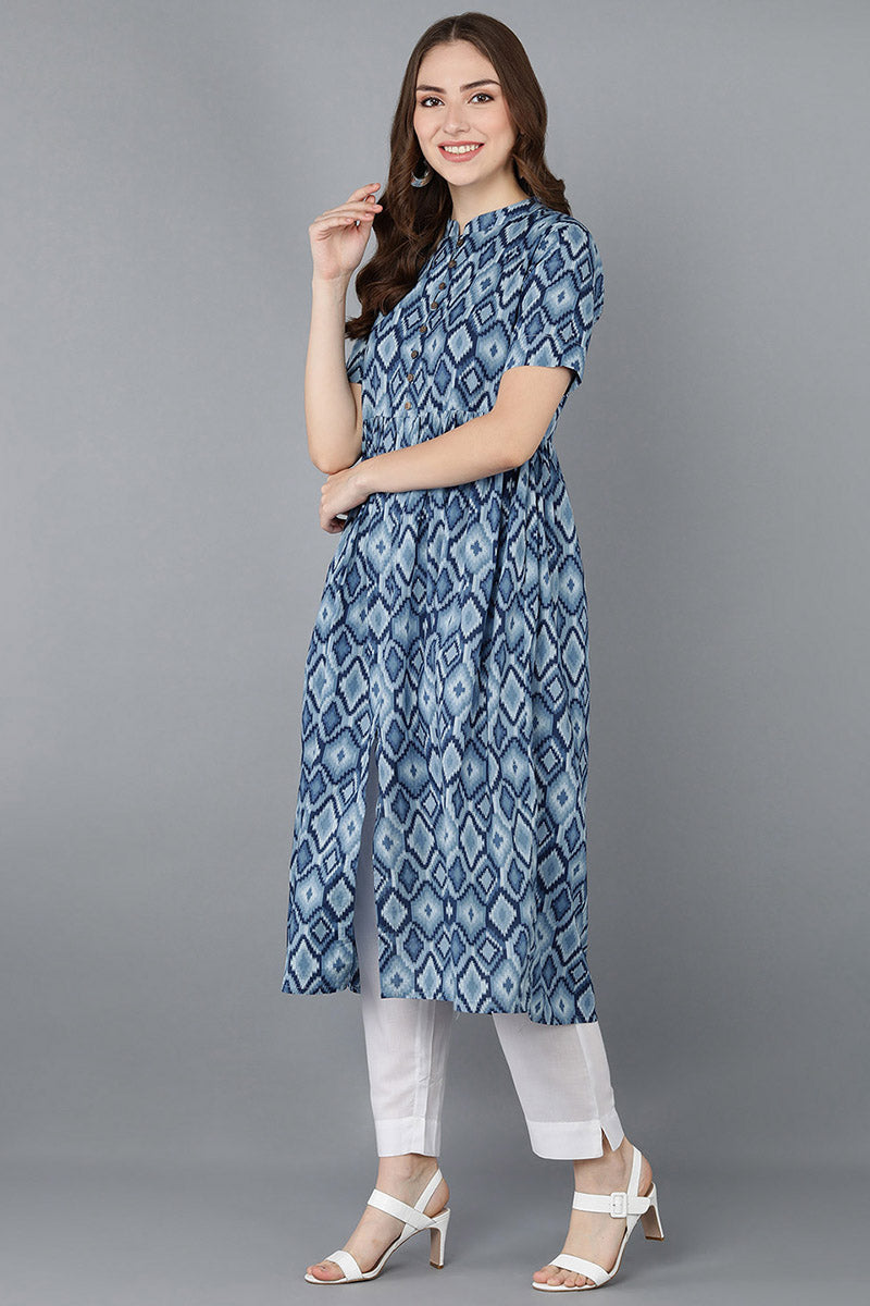 Women Blue Rayon Blend Geometric Printed | SHOBITAM
