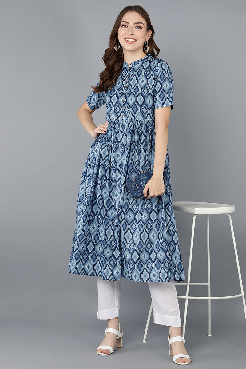 Women Blue Rayon Blend Geometric Printed | SHOBITAM