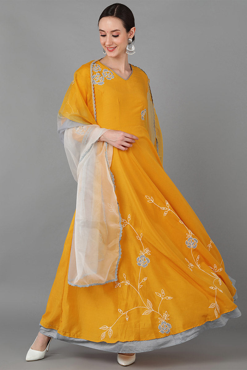 Mustard Silk Blend Flared Kurta With Dupatta  | SHOBITAM