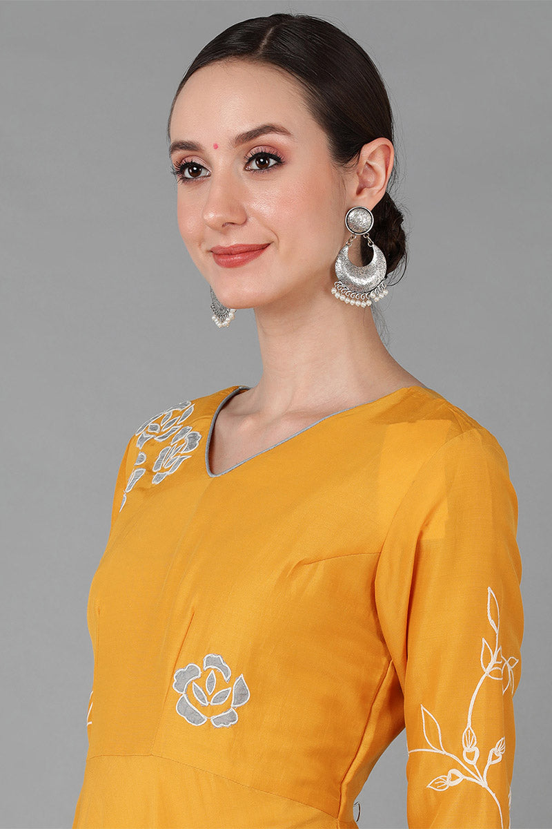Mustard Silk Blend Flared Kurta With Dupatta  | SHOBITAM