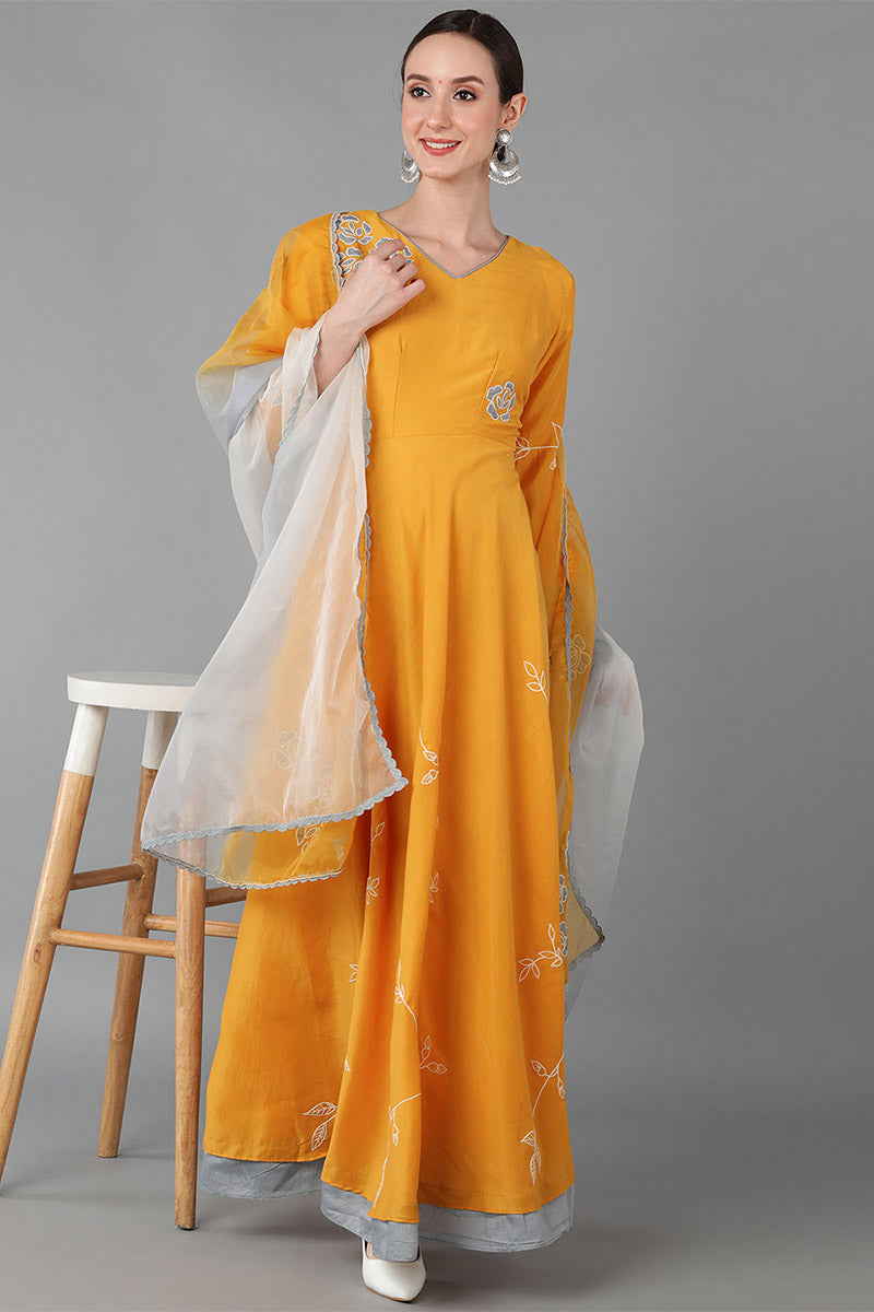 Mustard Silk Blend Flared Kurta With Dupatta  | SHOBITAM