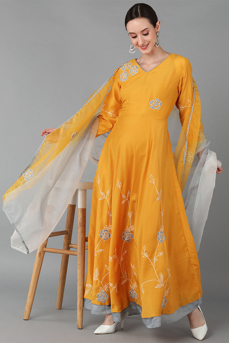 Mustard Silk Blend Flared Kurta With Dupatta  | SHOBITAM