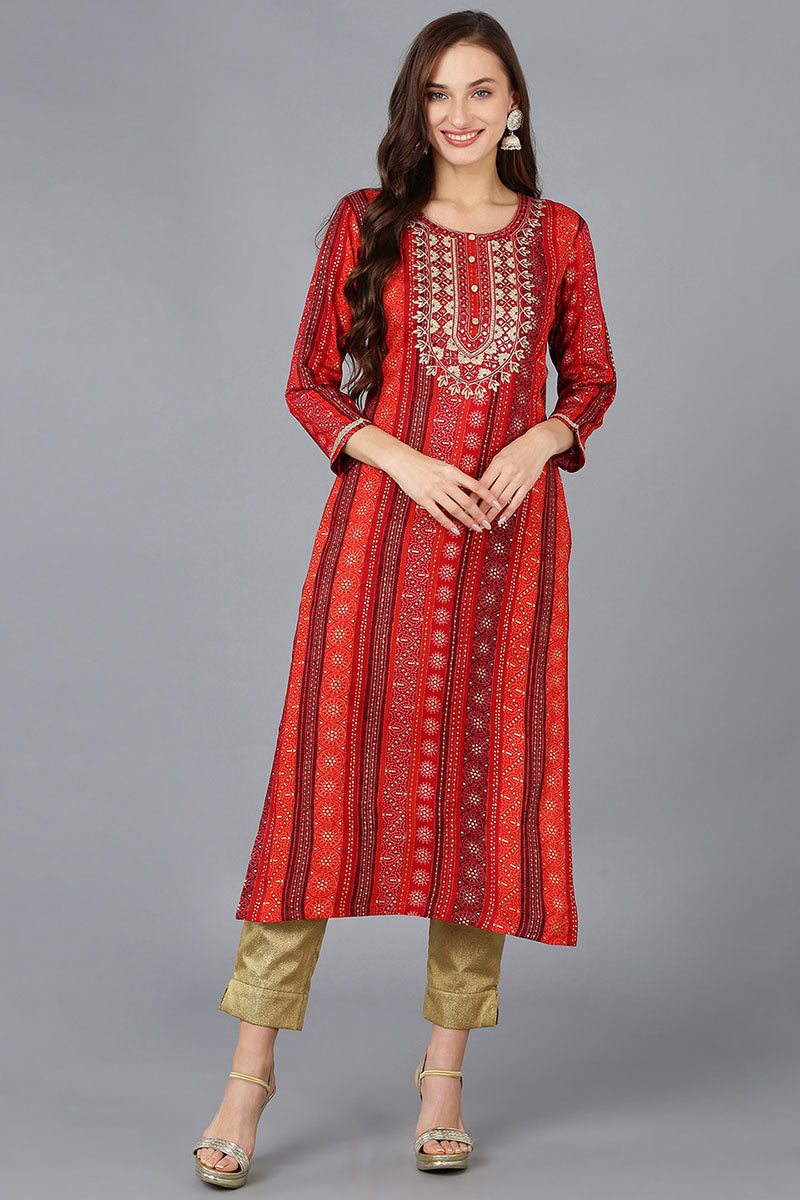 Red Viscose Rayon Geometric Embroidered Straight Kurta | SHOBITAM