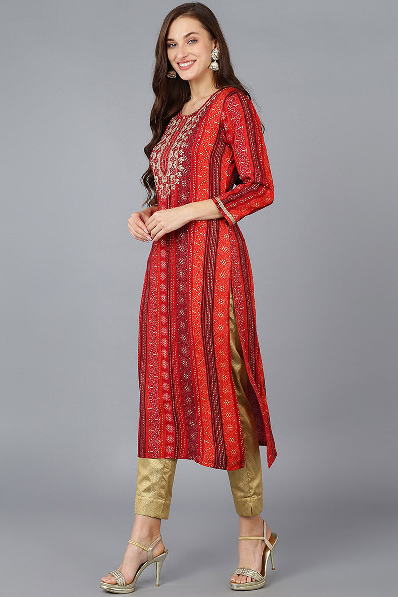 Red Viscose Rayon Geometric Embroidered Straight Kurta | SHOBITAM