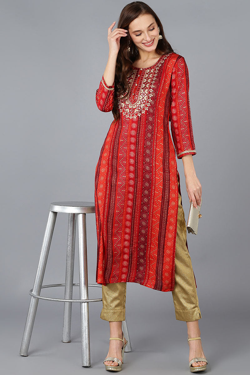 Red Viscose Rayon Geometric Embroidered Straight Kurta | SHOBITAM