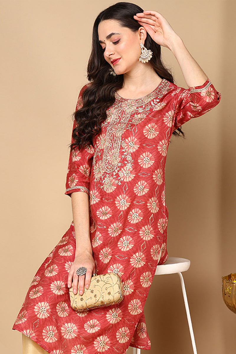 Rust Red Silk Blend Ethnic Motifs Printed Straight Kurta | SHOBITAM