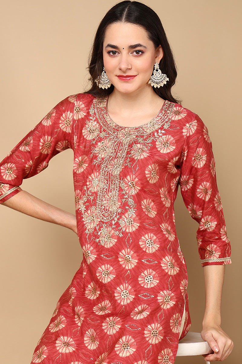 Rust Red Silk Blend Ethnic Motifs Printed Straight Kurta | SHOBITAM