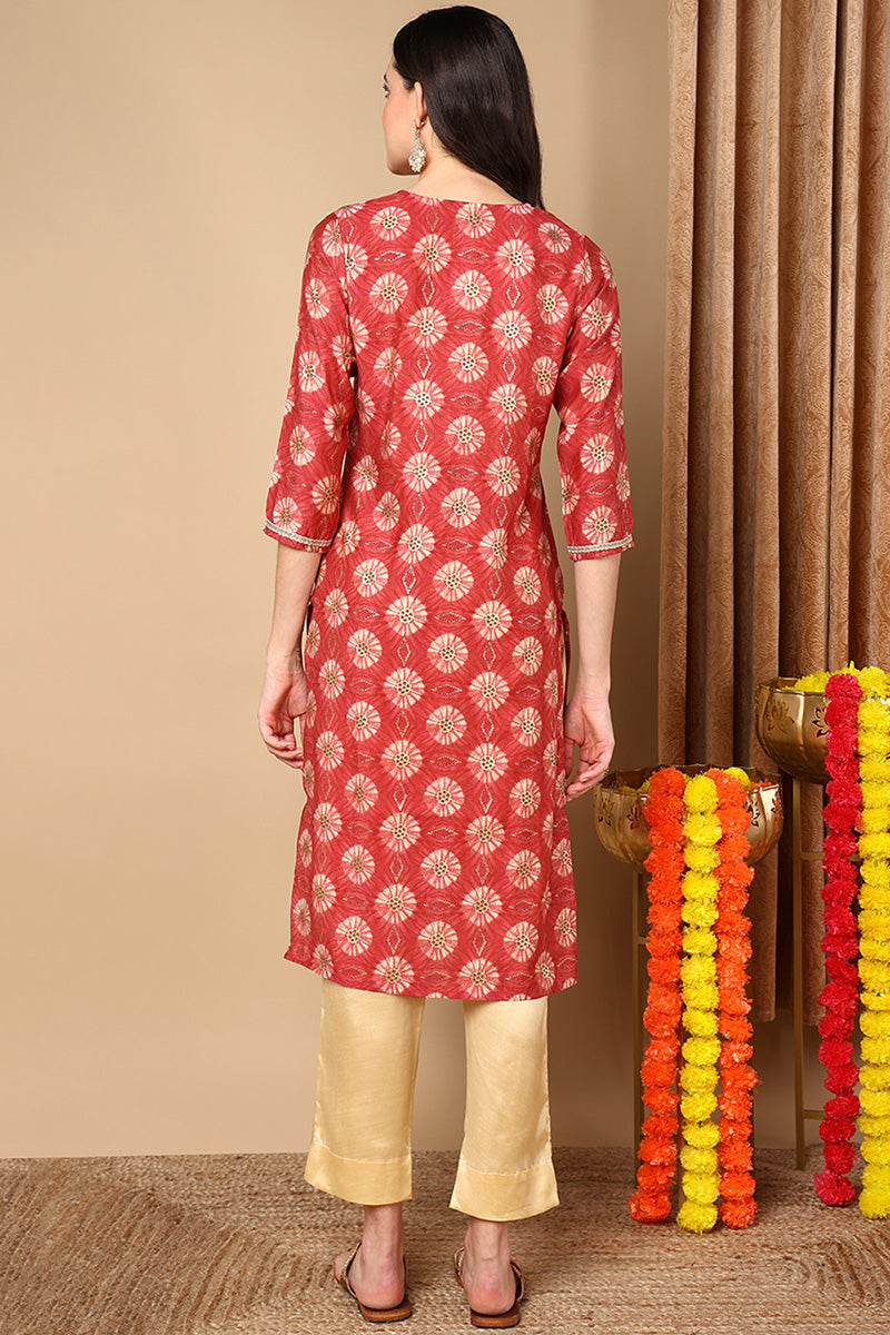 Rust Red Silk Blend Ethnic Motifs Printed Straight Kurta | SHOBITAM