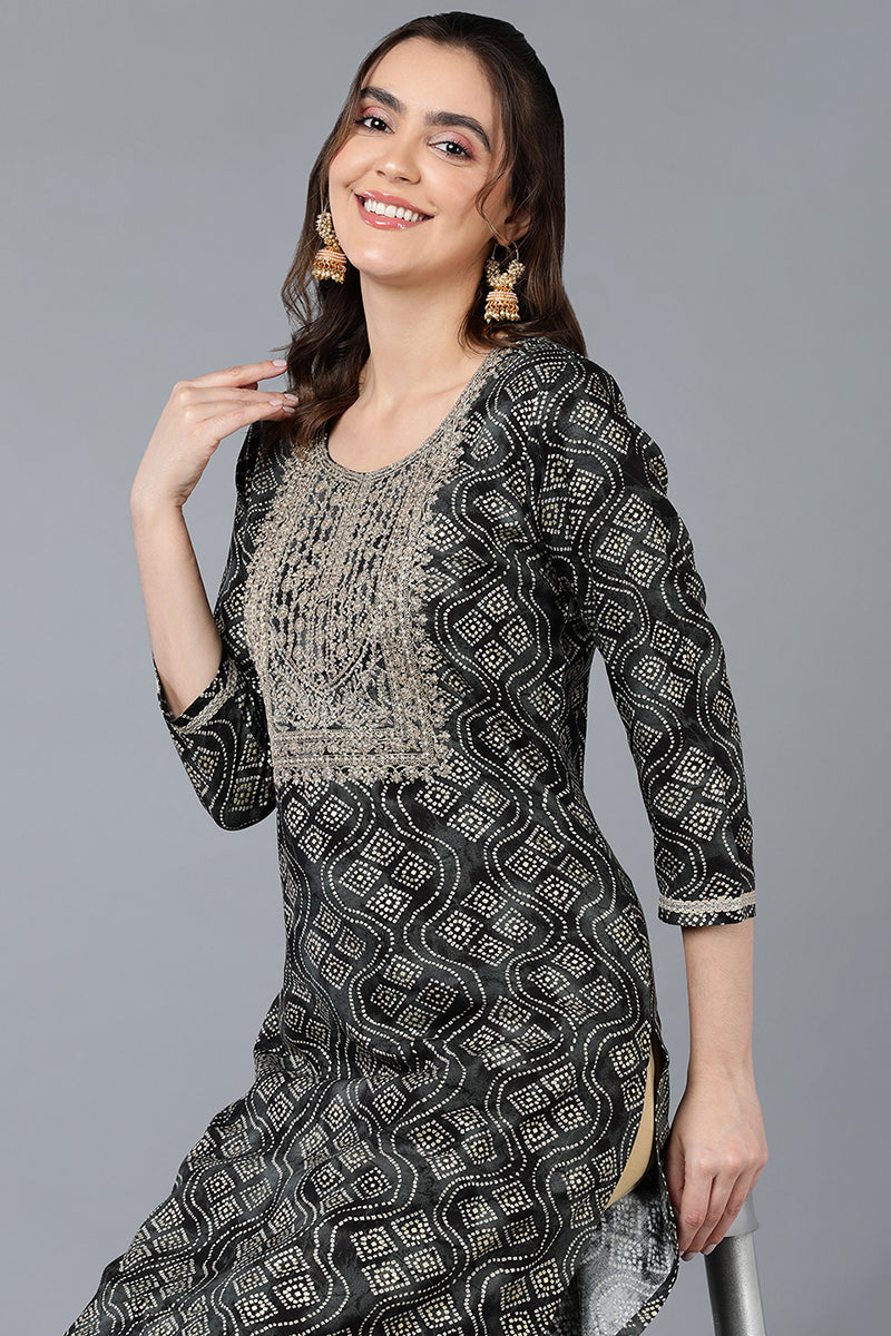 Viscose Rayon Black Bandhani Printed Straight Kurta | SHOBITAM