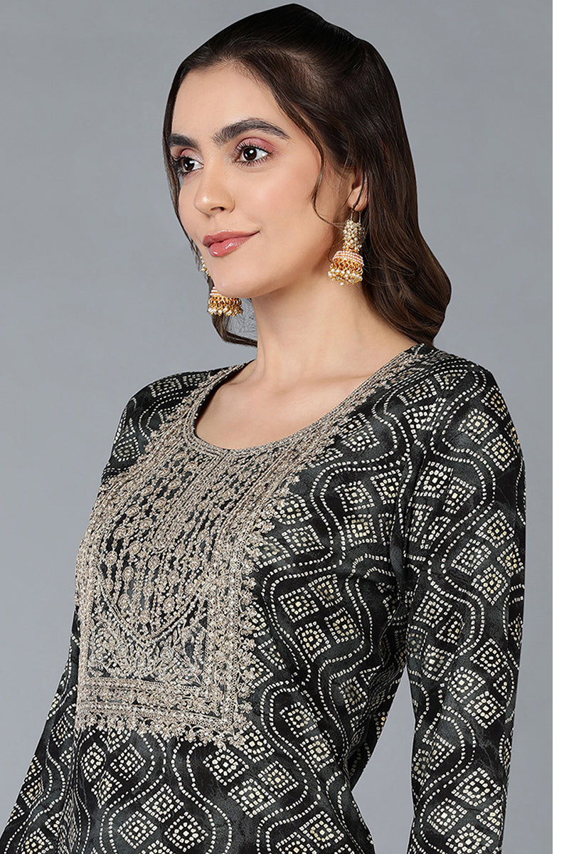 Viscose Rayon Black Bandhani Printed Straight Kurta | SHOBITAM