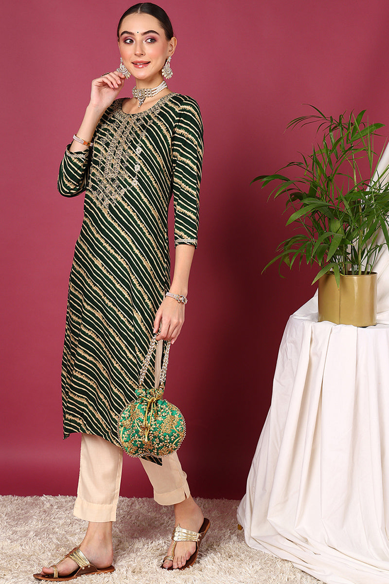 Green Viscose Rayon Leheriya Printed Straight Kurta | SHOBITAM
