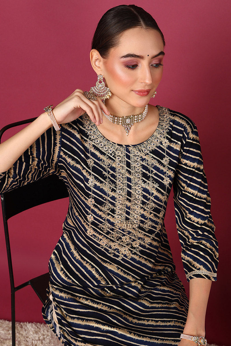 Navy Blue Viscose Rayon Leheriya Printed Straight Kurta  | SHOBITAM