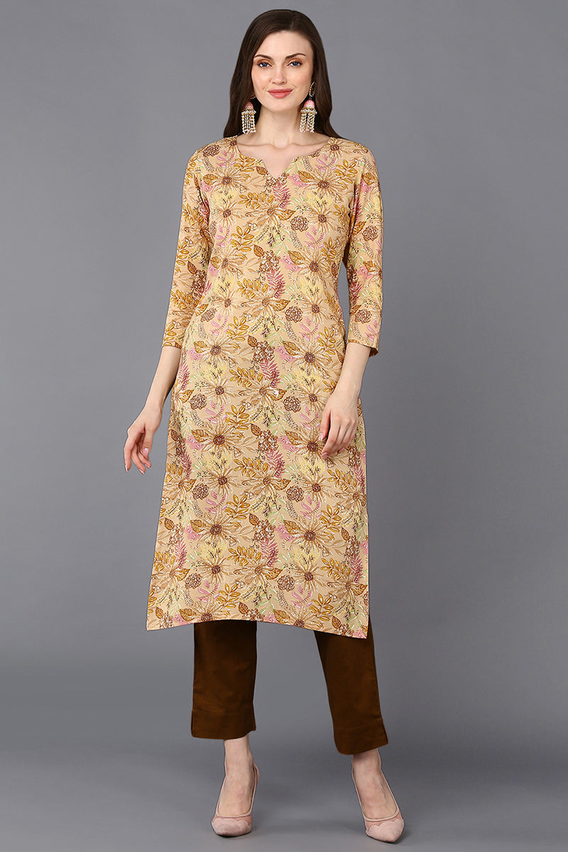 Yellow Viscose Rayon Floral Printed Straight Kurta | SHOBITAM