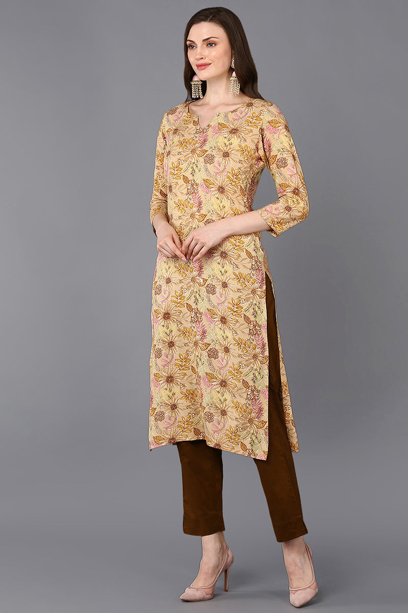 Yellow Viscose Rayon Floral Printed Straight Kurta | SHOBITAM