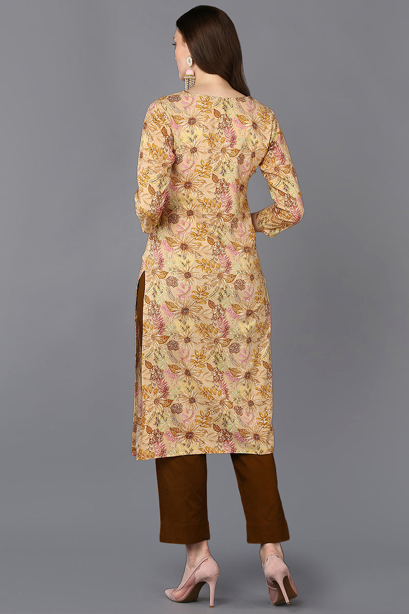 Yellow Viscose Rayon Floral Printed Straight Kurta | SHOBITAM