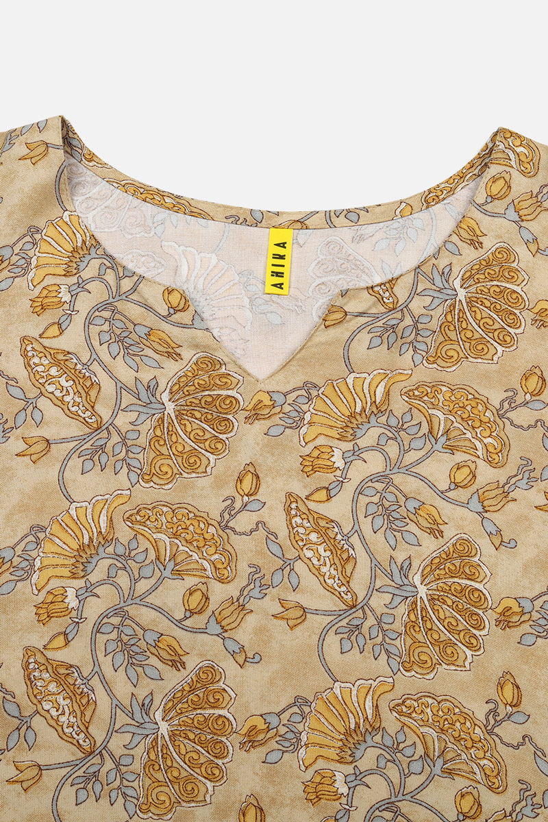 Viscose Rayon Yellow Floral Printed Straight Kurta | SHOBITAM