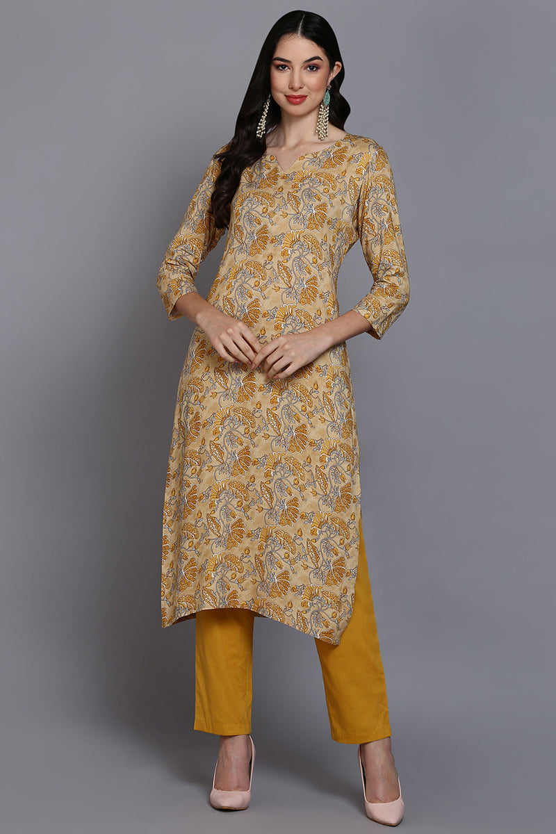 Viscose Rayon Yellow Floral Printed Straight Kurta | SHOBITAM