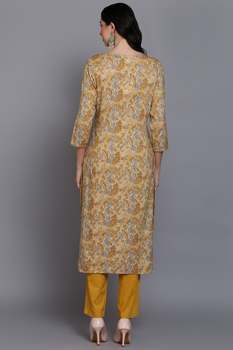 Viscose Rayon Yellow Floral Printed Straight Kurta | SHOBITAM