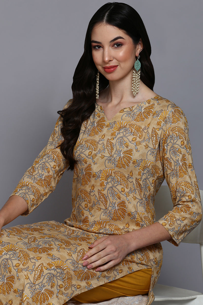 Viscose Rayon Yellow Floral Printed Straight Kurta | SHOBITAM