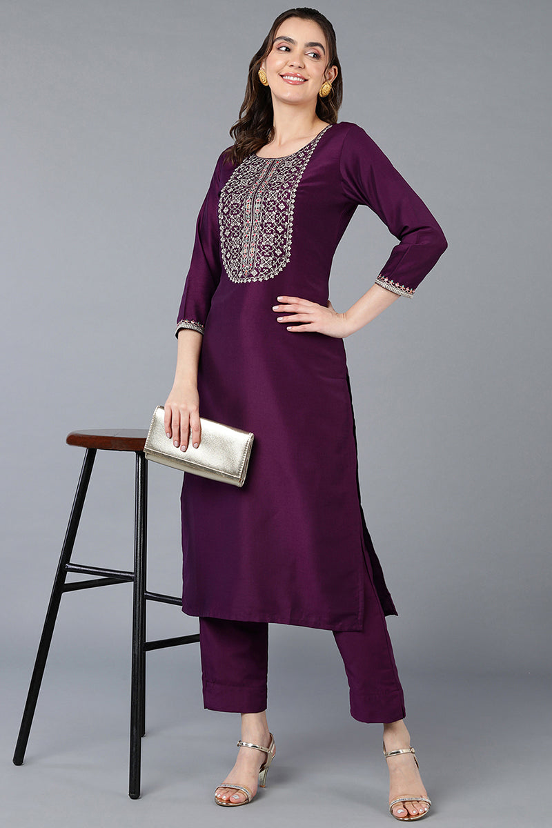 Burgundy Embroidered Straight Kurta | SHOBITAM