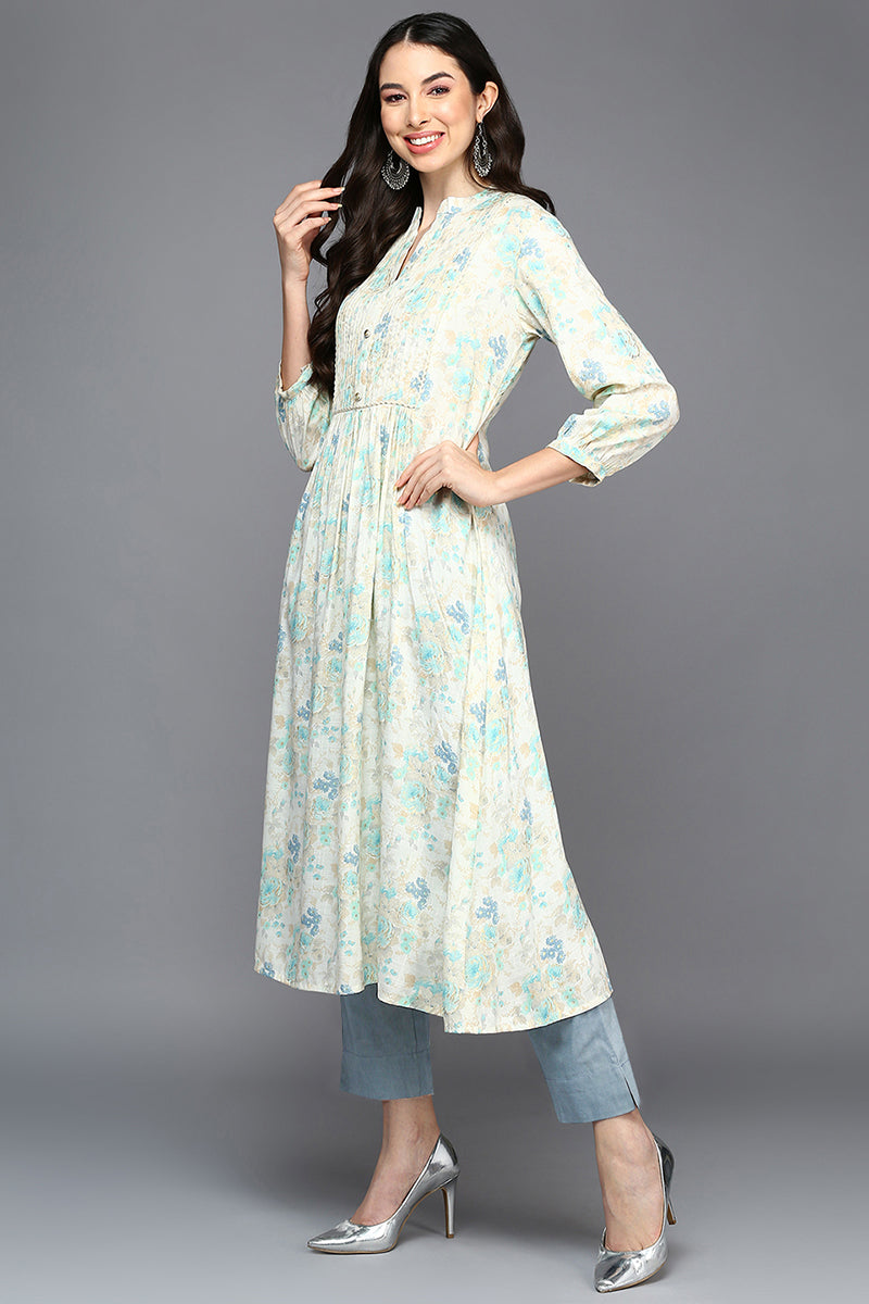 Off White Cotton Blend Ethnic Motifs A-Line Kurta  |SHOBITAM
