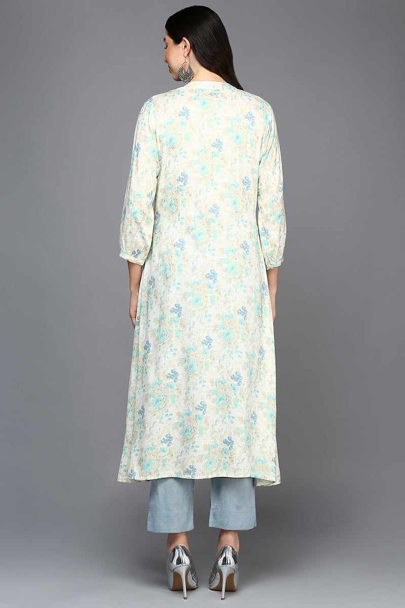 Off White Cotton Blend Ethnic Motifs A-Line Kurta  |SHOBITAM