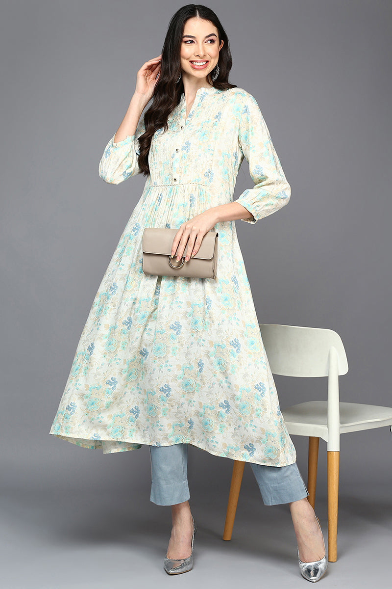 Off White Cotton Blend Ethnic Motifs A-Line Kurta  |SHOBITAM