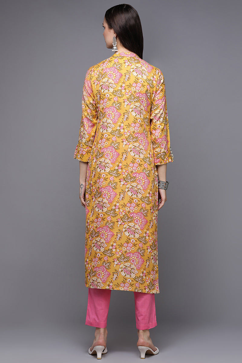Yellow Cotton Blend Floral Straight Kurta | SHOBITAM