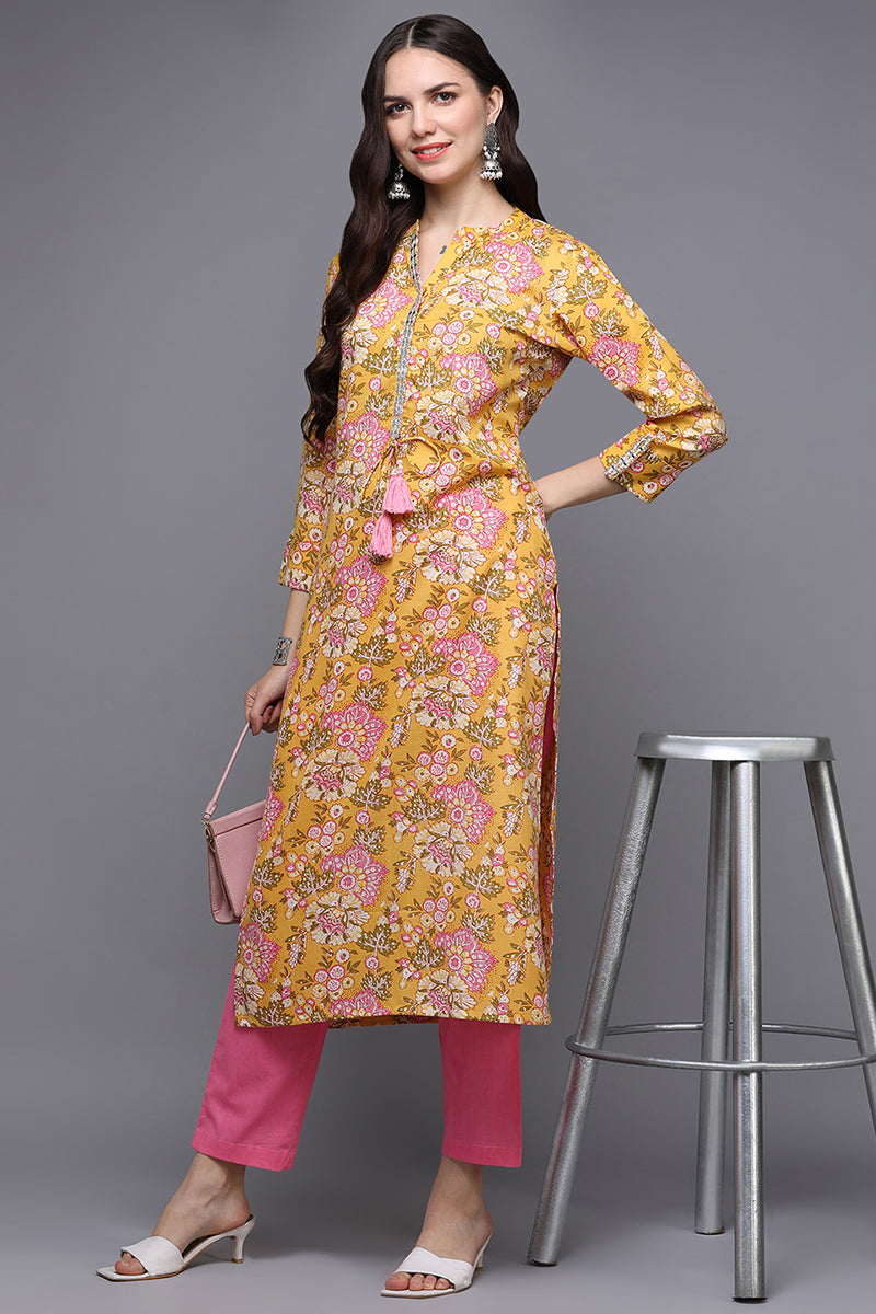 Yellow Cotton Blend Floral Straight Kurta | SHOBITAM