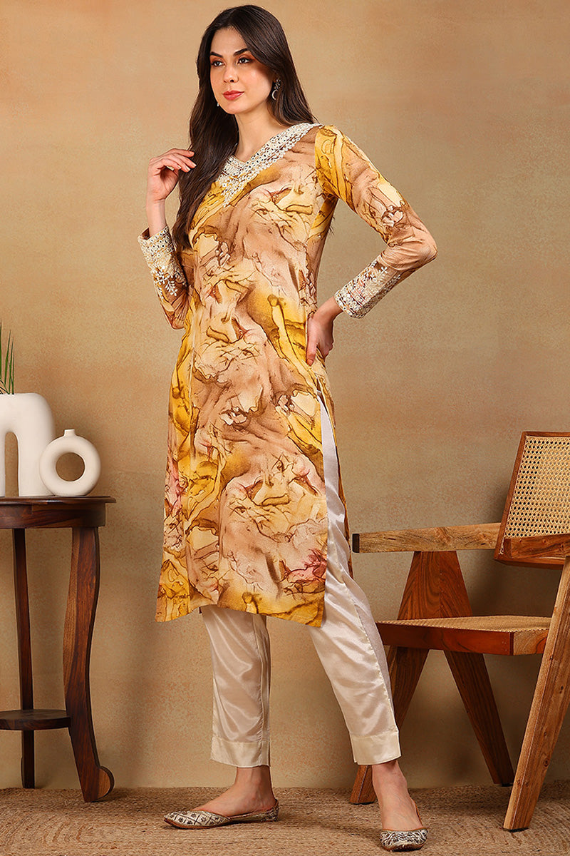 Mustard Yellow Viscose Rayon Tie and Dye Printed Straight Kurta | shobitam