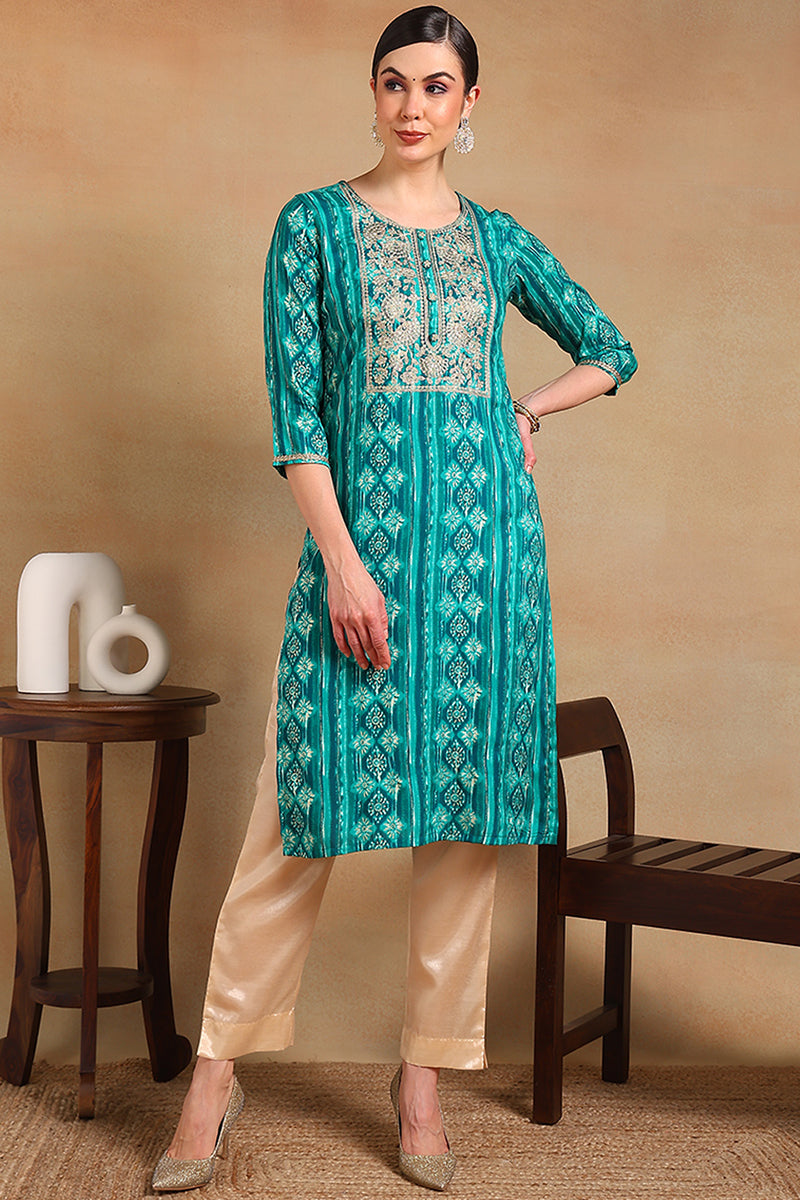 Turquoise Blue Viscose Rayon Ethnic Motifs Printed Straight Kurta | SHOBITAM