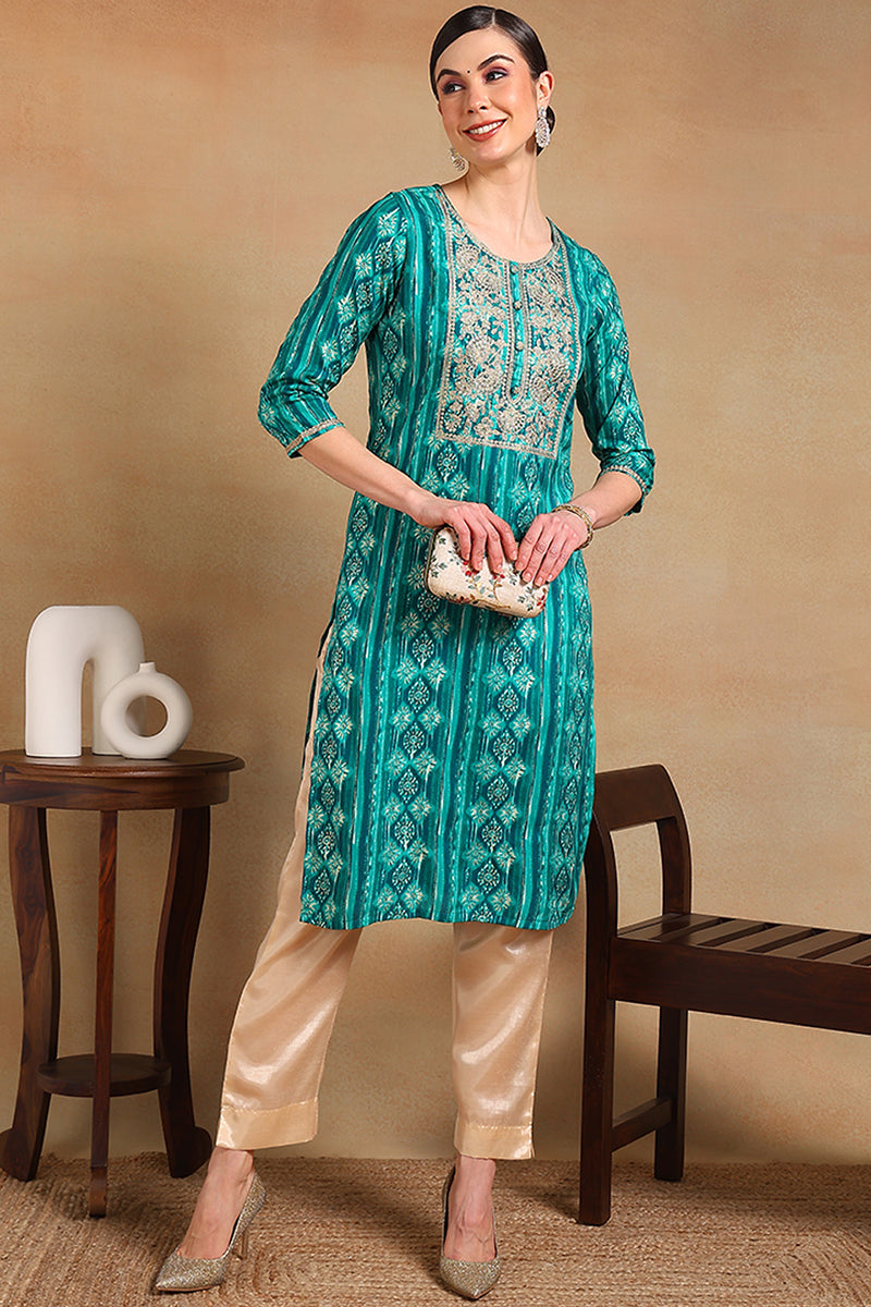Turquoise Blue Viscose Rayon Ethnic Motifs Printed Straight Kurta | SHOBITAM