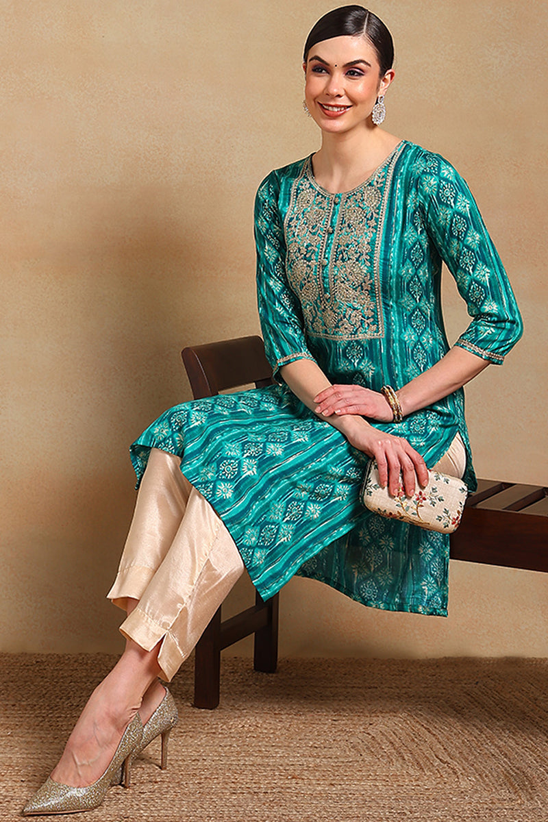 Turquoise Blue Viscose Rayon Ethnic Motifs Printed Straight Kurta | SHOBITAM