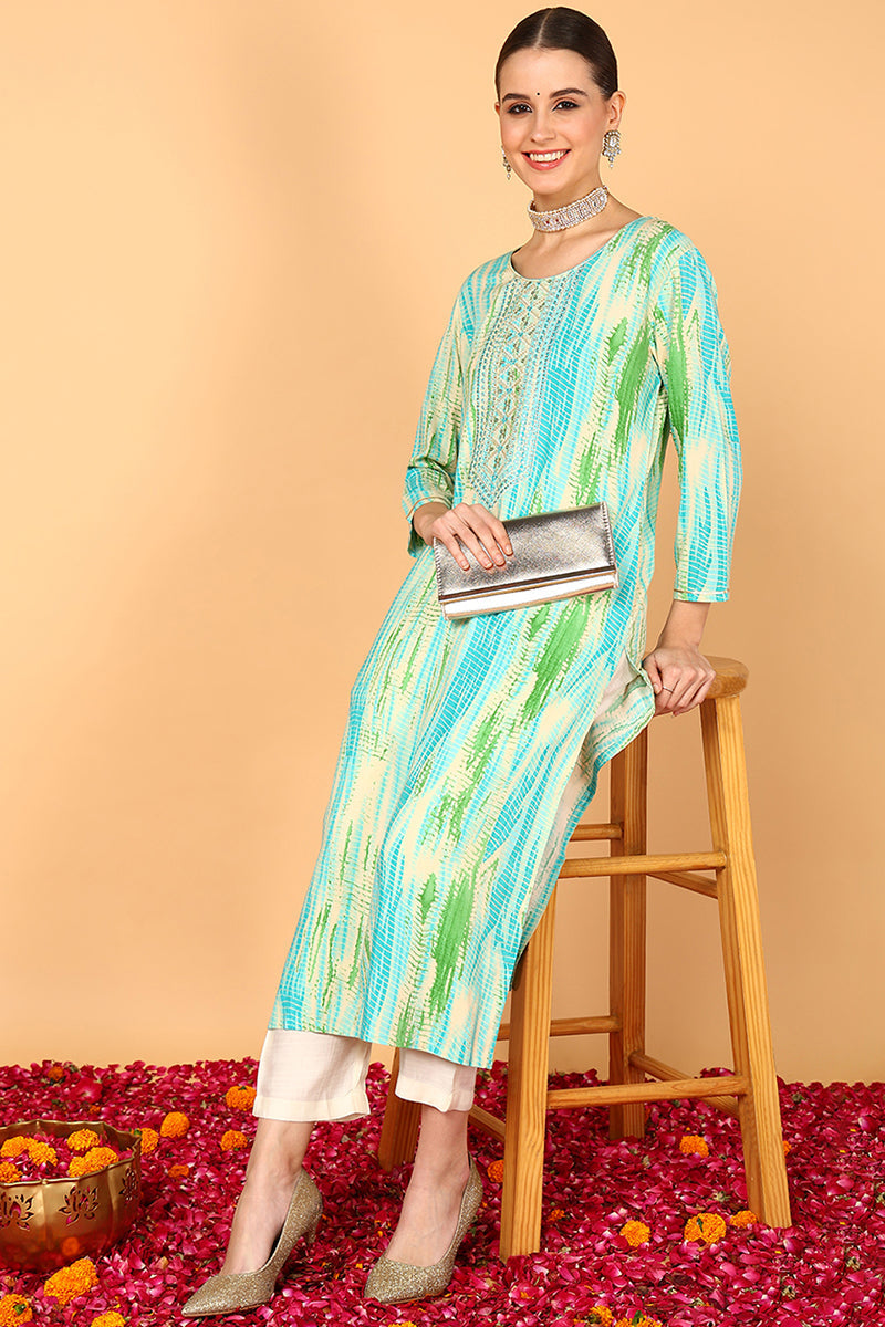 Turquoise Blue Viscose Rayon Abstract Printed Straight Kurta | SHOBITAM