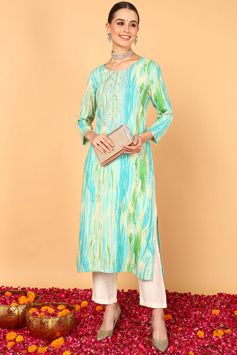 Turquoise Blue Viscose Rayon Abstract Printed Straight Kurta | SHOBITAM