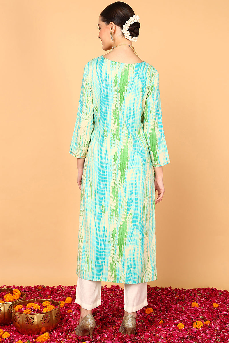 Turquoise Blue Viscose Rayon Abstract Printed Straight Kurta | SHOBITAM