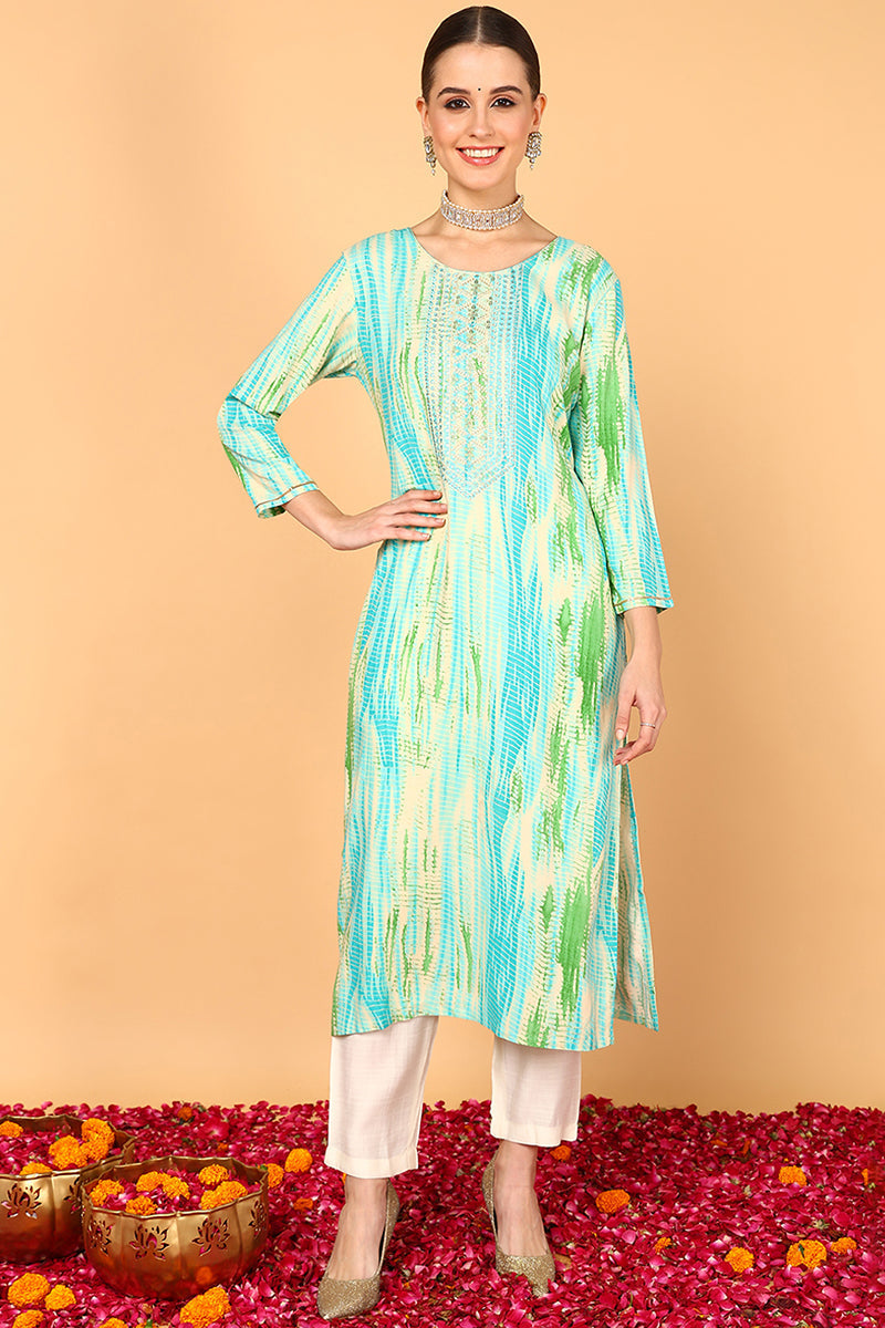 Turquoise Blue Viscose Rayon Abstract Printed Straight Kurta | SHOBITAM