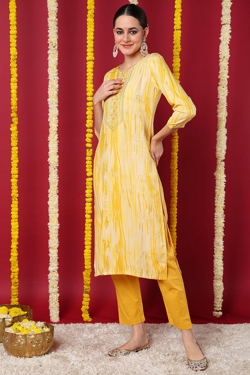 Yellow Viscose Rayon Abstract Printed Straight Kurta | SHOBITAM