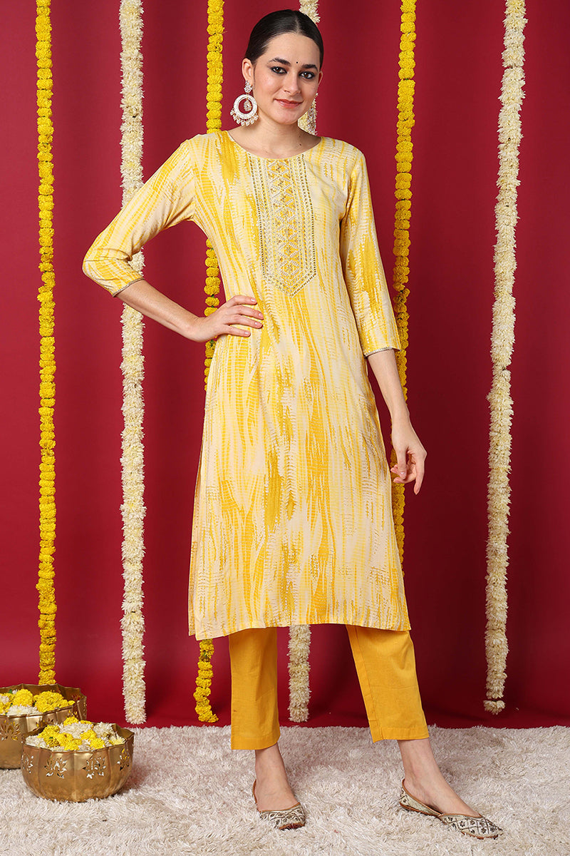 Yellow Viscose Rayon Abstract Printed Straight Kurta | SHOBITAM