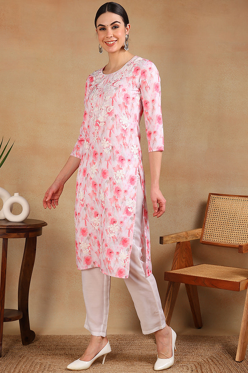 White Cotton Blend Embroidered Ethnic Printed Straight Kurta | SHOBITAM