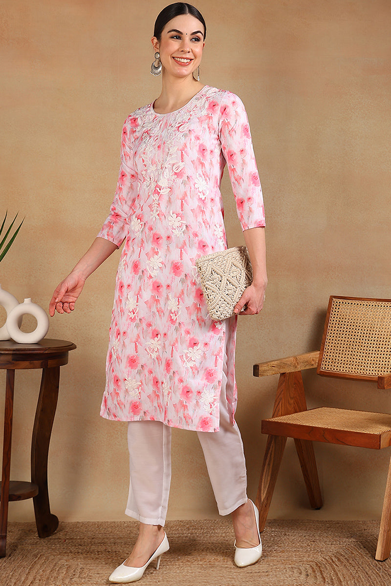 White Cotton Blend Embroidered Ethnic Printed Straight Kurta | SHOBITAM