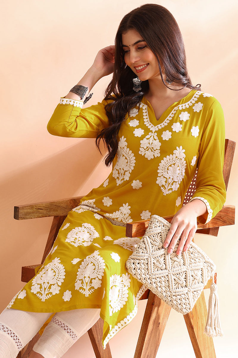 Mustard Yellow Viscose Rayon Solid Embroidered Straight Kurta |SHOBITAM
