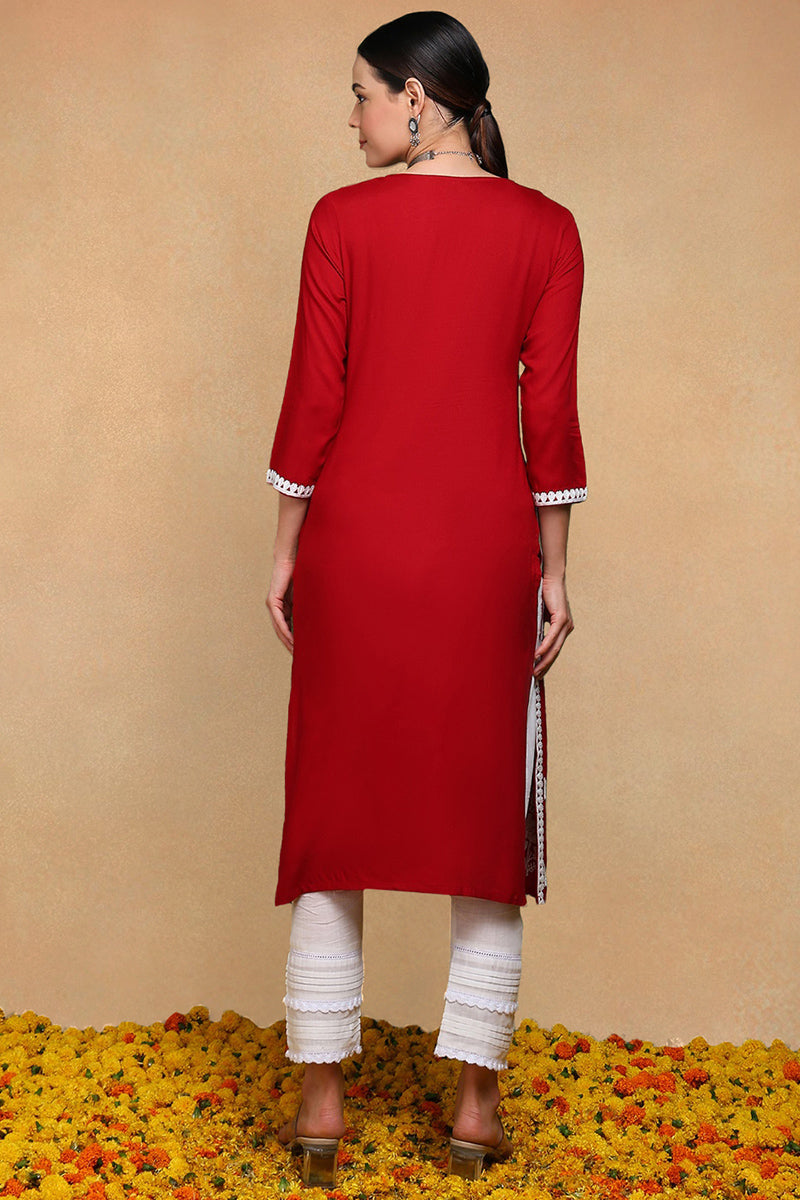Maroon Viscose Rayon Solid Embroidered Straight Kurta | SHOBITAM