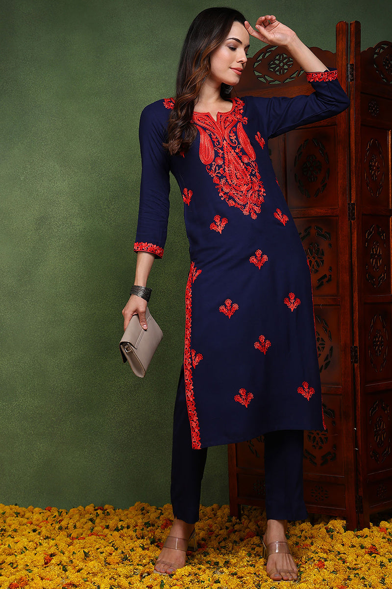 Blue Viscose Rayon Solid Embroidered Chikankari Straight Kurta|SHOBITAM