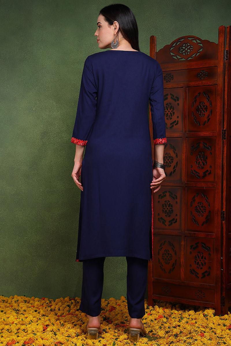 Blue Viscose Rayon Solid Embroidered Chikankari Straight Kurta|SHOBITAM