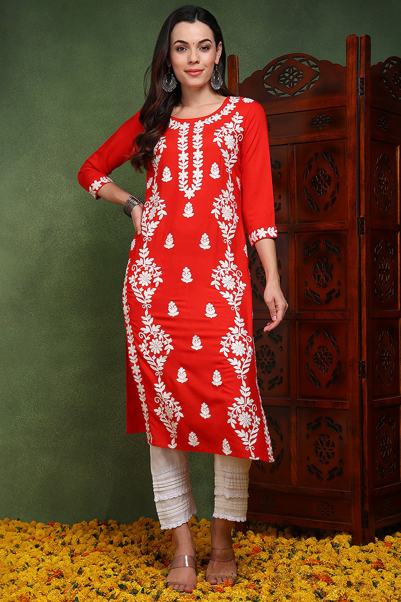 Red Viscose Rayon Solid Embroidered Chikankari Straight Kurta | SHOBITAM