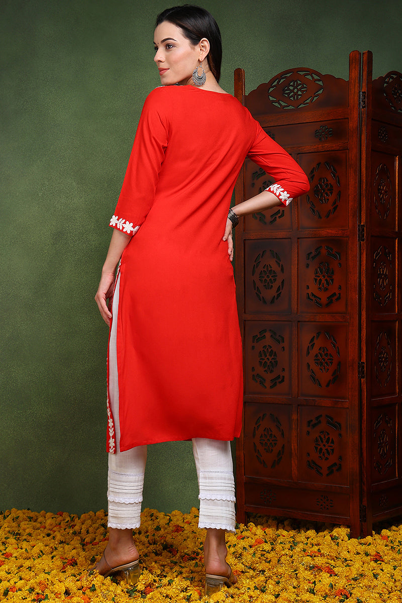 Red Viscose Rayon Solid Embroidered Chikankari Straight Kurta | SHOBITAM