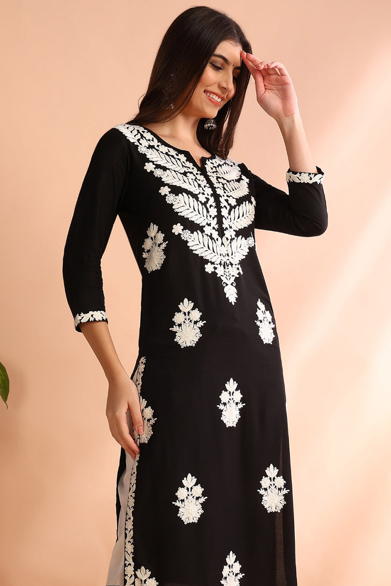 Black Viscose Rayon Solid Embroidered Straight Kurta | SHOBITAM